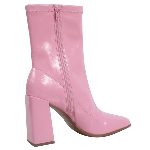 Pink Square Toe Mid Calf Block Heel Ankle Bootie - Picture 6 of 9